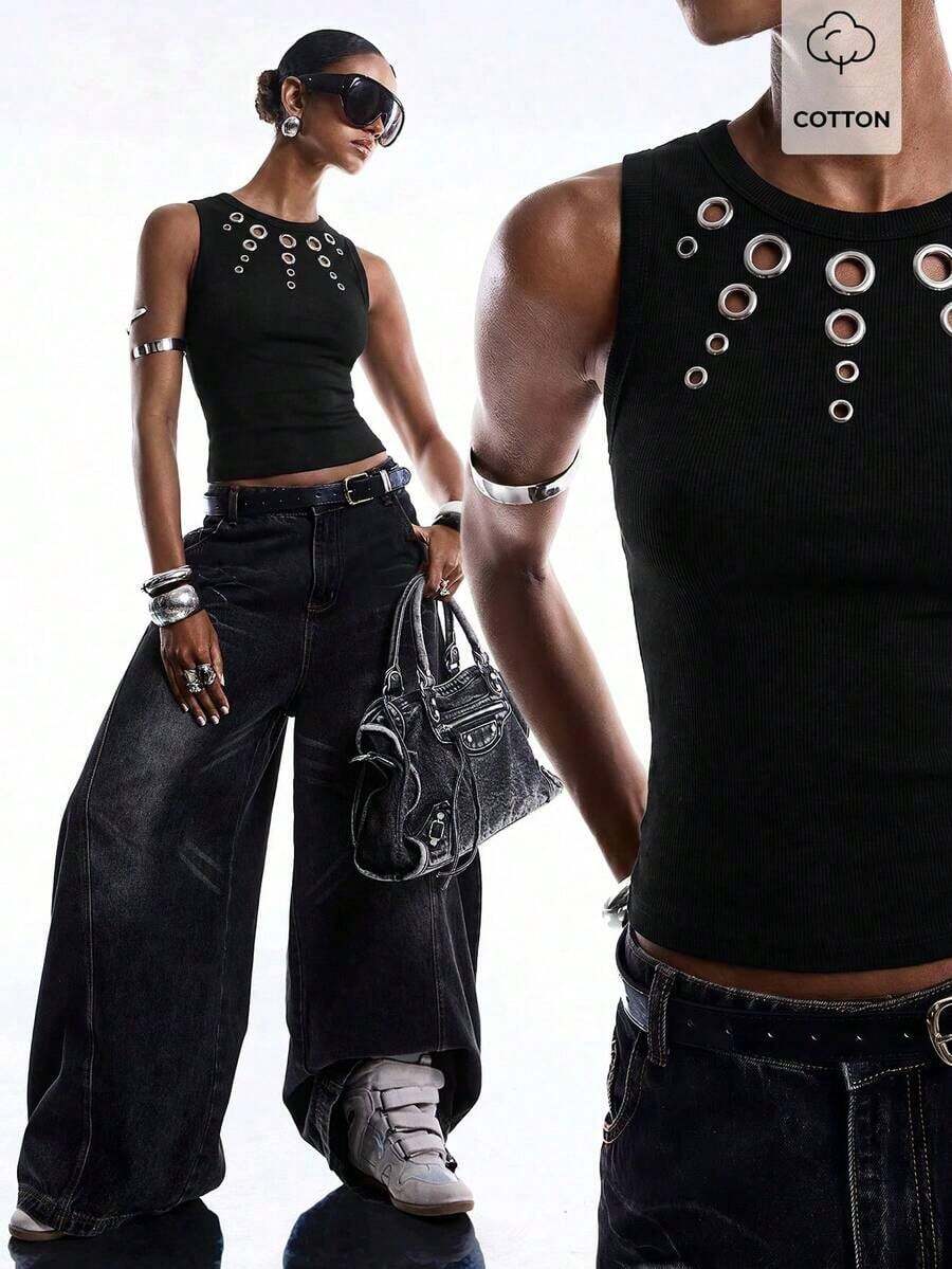 Camiseta de mujer con tachuelas, adecuada para citas, festivales de música, fiestas - Negro - Ver 1
