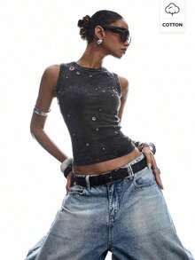 Camiseta de mujer con tachuelas, adecuada para citas, festivales de música, fiestas - Negro 2 - Ver 9