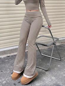 Pantalones acampanados de cintura ancha de unicolor casual para mujer, leggings delgados de cintura alta con pliegues, primavera negro - Caqui - Ver 2