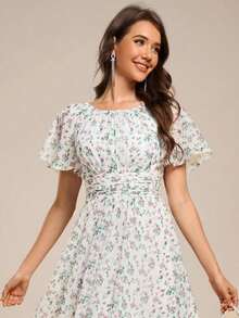Vestido de dama de honor de gasa con pliegues y mangas con volantes, vestido de noche elegante para invitados de boda en primavera - Multicolor - Ver 5