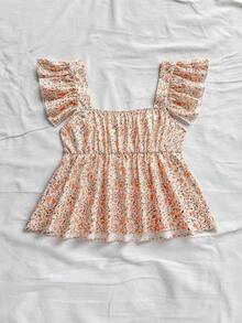 estilo babydoll holgado de cuello cuadrado para mujer "WYWH Vacation" - Top estilo babydoll de cuello cuadrado con estampado floral azul y mangas con volantes - Multicolor 3 - Ver 2