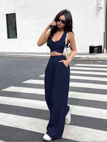 Set de 2 piezas para mujer, top corto de un solo pecho liso y pantalones - Azul marino - Ver 3