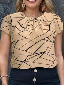 Camisa casual de mujer con cuello redondo y mangas cortas, estampado floral, estilo vacacional - Caqui 2 - Ver 6