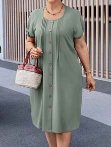 Vestido casual de mujer talla grande de unicolor, cuello redondo, manga corta, abotonado y con bolsillo - Verde 2 - Ver 4