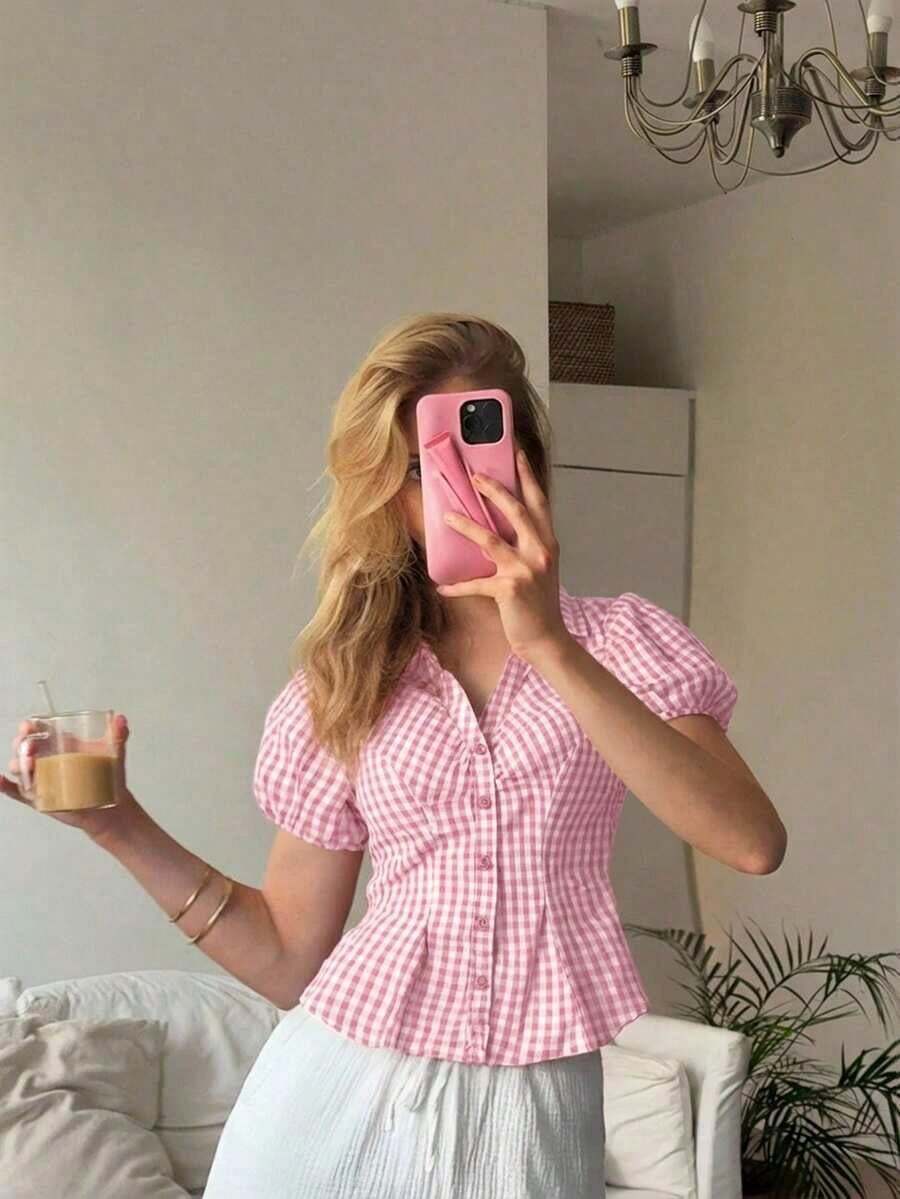 Camisa casual de mujer de manga abullonada corta, de solapa única y a cuadros - Rosa - Ver 1