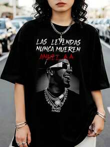 A-AnuelS AA The Legends Never Die T-Shirt With Black And White Rapper Print - 黑色 - 查看 1