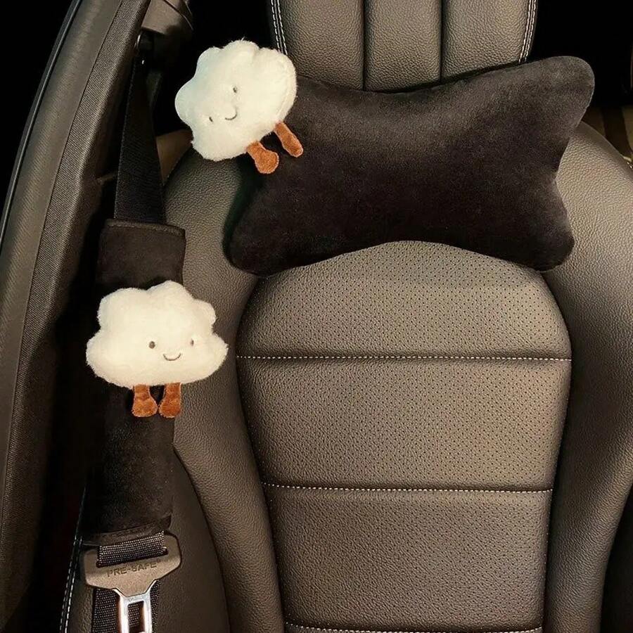 Almohada de felpa suave para el cuello del coche, reposacabezas de vehículo en forma de hueso, cojín de asiento de cintura, accesorios de Interior de coche con nube de dibujos animados bonitos - Juego de 2 piezas - Ver 1