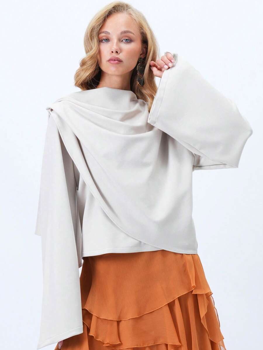 Women's Solid Color Pleated Design Long Sleeve Casual Shirt - Beige - View 1