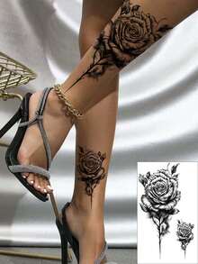 1pc Cool Adult Temporary Tattoo, Floral Sketch Design, Sexy & Unique Black Tattoo Sticker, Waterproof & Sweatproof, Long-Lasting 7-14 Days, Easy To Apply & Remove, Can Cover Scars, Unisex For Ankle, Waist, Leg, Arm - Black - View 6