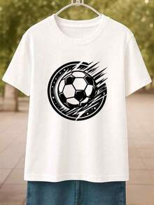 Camiseta de patrón de fútbol para hombres 180gsm de peso pesado - Impresión de fútbol en blanco y negro, diseño deportivo dinámico, ropa deportiva casual de manga corta con cuello redondo transpirable, adecuada para gimnasio, correr, entrenamiento de fútbol - Ropa deportiva de ajuste cómodo para todas las estaciones - Negro - Ver 6