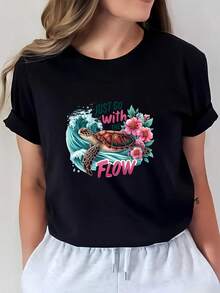 1 pieza de Playera corta 100% algodón, cuello redondo casual con estampado, tortuga marina, siga el curso natural, manga corta transpirable para uso diario - Negro - Ver 1