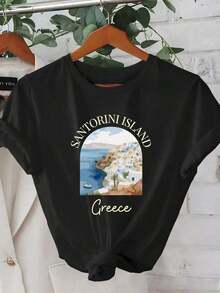 Camisetas gráficas ligeras, nueva colección de verano 2026, con un diseño de paisaje de la isla de Santorini, hermosas, elegantes, a la moda, informales, ropa de estilo coreano, camiseta, 100% algodón, una opción popular. - Negro - Ver 6