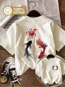 Edición Limitada: Ropa de Verano para Mujer con Estampados de Doble Cara en un Nuevo Estilo, con Diseños de Koi y Flores. Camiseta Casual de Manga Corta y Cuello Redondo de Algodón Ligero. - Albaricoque - Ver 1