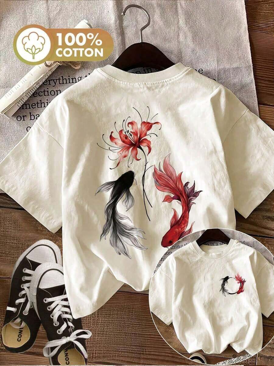 Edición Limitada: Ropa de Verano para Mujer con Estampados de Doble Cara en un Nuevo Estilo, con Diseños de Koi y Flores. Camiseta Casual de Manga Corta y Cuello Redondo de Algodón Ligero. - Albaricoque - Ver 1