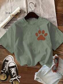 Limited Edition [Double-Sided Print] Women's T-Shirt - Retro Style With Dog Paw Print And Flowers, Loose Fit, Casual For Everyday Wear, Crew Neck, Short Sleeve, Lightweight Cotton - 綠色的 - 查看 5