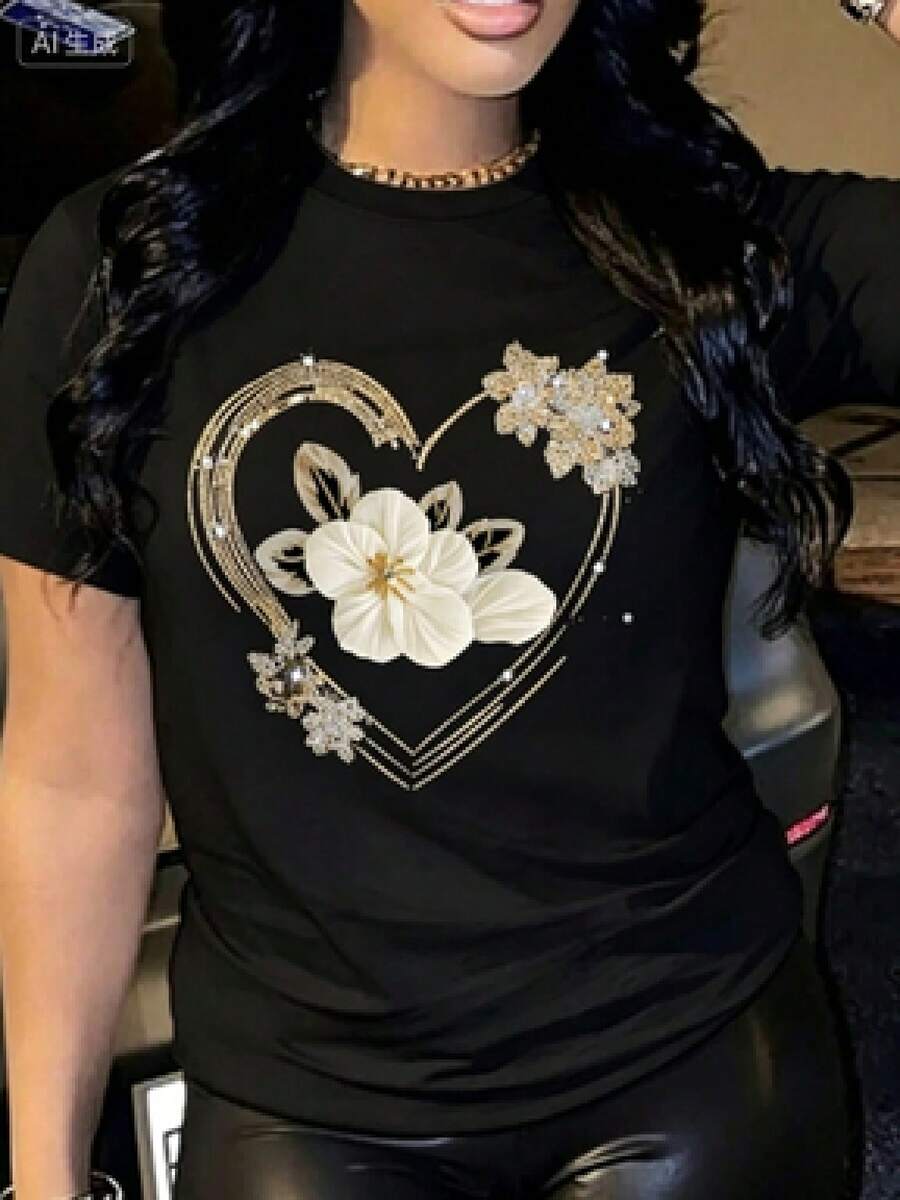 This Casual T-Shirt Features A Simple Print, A Round Neck, And Short Sleeves. The Classic, Basic Design Is Universally Flattering, And The Loose, Relaxed Fit Feels Comfortable And Breathable. The Fine, Soft Texture Is Soft Against The Skin And Breathable, So It Won't Pill Or Lose Its Shape Over Time. The Subtle, Elegant Print Design Is A Must-Have For Summer. This Versatile Piece Pairs Perfectly With All Kinds Of Bottoms-You Can't Go Wrong. - 黑色 - 查看 1