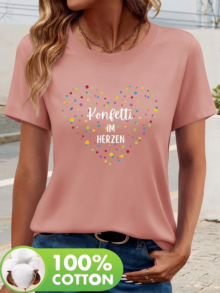 Women's Short-Sleeved T-Shirt Made From 100% Pure Cotton With A Heart Print - Comfortable, Versatile, Casual Crew Neck T-Shirt, A Spring And Summer Staple, Machine Washable, An Essential Everyday T-Shirt With A Soft Texture - 粉色 - 查看 1