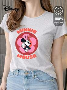 Women's T-Shirt Made Of 100% High-Quality Cotton. This T-Shirt Guarantees Exceptional Softness To The Touch, With A Round Neck, "Disney Minnie Mouse Flower" Print, And Short Sleeves. - 淺灰色 - 查看 1