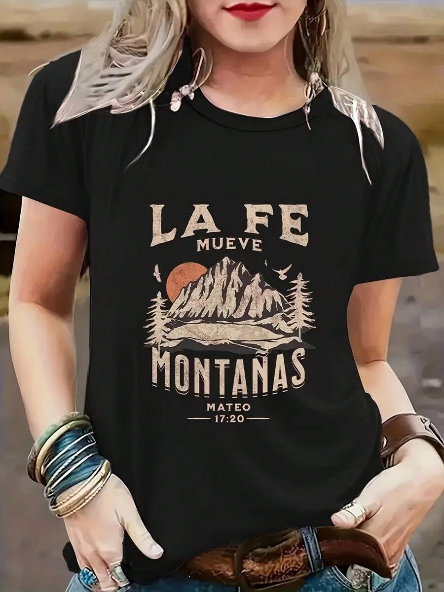 Camiseta gráfica para mujer - Estampado de montaña y noche estrellada con texto LA FE MUEVE MONTANAS, corte holgado, cuello redondo, manga corta, top casual para primavera verano, transpirable y lavable aáquina - Blanco - Ver 1