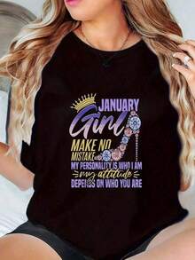 100% Cotton Summer Tops With January It's My Birthday Design Casual T-Shirt Plus Size Holiday Gifts Soft Women's Simple Solid Color T-Shirt, Loose And Slim Fit Casual Short Sleeve - 黑色 - 查看 11