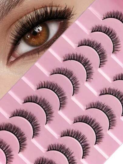 10 Pairs Of False Eyelashes, Thin Short Faux Mink False Eyelashes, 10mm, Natural Look, 3D Fluffy Strip False Eyelashes, Black Eyelash Band, Handmade, Makeup Supplies
