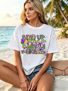 Short-Sleeved T-Shirt With A Mardi Gras Graphic Print And Fun Slogan, Loose Fit, Round Neck, Does Not Fade After Multiple Washes, Suitable For Daily Wear, Sports And Leisure Activities, Excellent Gift For Mother's Day And Cinco De Mayo. - 白色 - 查看 7