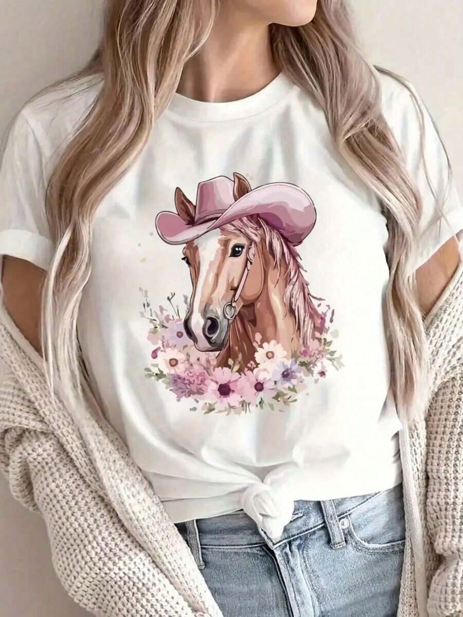 Soft Soft Women's Graphic T-Shirt Short Sleeve Crew Neck Basic Comfortable Cool Lightweight Modern Youthful Print Horse Hat Cowboy Cowgirl Western Flowers Floral Watercolor Pattern - 白色的 - 查看 1