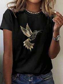 Women's T-Shirt With Flying Hummingbird Print - Short Sleeve, Crew Neck, Casual Style, Breathable Medium-Stretch Fabric, Comfortable For All Seasons, Machine Washable - Unisex Vintage Urban Style T-Shirt, 100% Pure Cotton - 黑色 - 查看 7