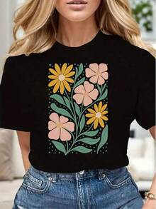 Camiseta unisex de manga corta, estampado floral, camiseta casual para mujer, suave y cómoda, regalo para el Día de la Madre, cumpleaños, playeras hombre, spiderman, ,  mujer, romwe men, boho chic, regalos para maestros, camiseta de mujer, conjuntos curvy para mujer, y2k - Negro - Ver 6