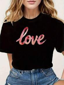 Camiseta unisex de manga corta, Verano Conjuntos de ropa Para Mujeres Camiseta Día de San Valentín Día, Artístico Romántico Acuarela Fuente Con Gradiente Amor Imprimir, Negro Cuello Redondo Manga corta Impreso Camiseta Para Mujeres - Máquina Lavable Adecuado Para Vacaciones Festividades, Informal Ings, Amigo Reuniones, Verano Festivo Conjuntos de ropa Para Verano de Mujeres Conjuntos de ropa Para Mujeres, Verano Jugadores destacados hombre, , ,  mujer,romwe hombres, boho chic,maestras regalos,camiseta para conjuntos de mujer con curvas para mu,y2k, - Negro - Ver 1