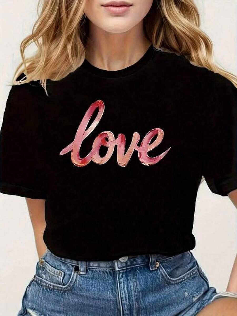 Camiseta unisex de manga corta, Verano Conjuntos de ropa Para Mujeres Camiseta Día de San Valentín Día, Artístico Romántico Acuarela Fuente Con Gradiente Amor Imprimir, Negro Cuello Redondo Manga corta Impreso Camiseta Para Mujeres - Máquina Lavable Adecuado Para Vacaciones Festividades, Informal Ings, Amigo Reuniones, Verano Festivo Conjuntos de ropa Para Verano de Mujeres Conjuntos de ropa Para Mujeres, Verano Jugadores destacados hombre, , ,  mujer,romwe hombres, boho chic,maestras regalos,camiseta para conjuntos de mujer con curvas para mu,y2k, - Negro - Ver 1