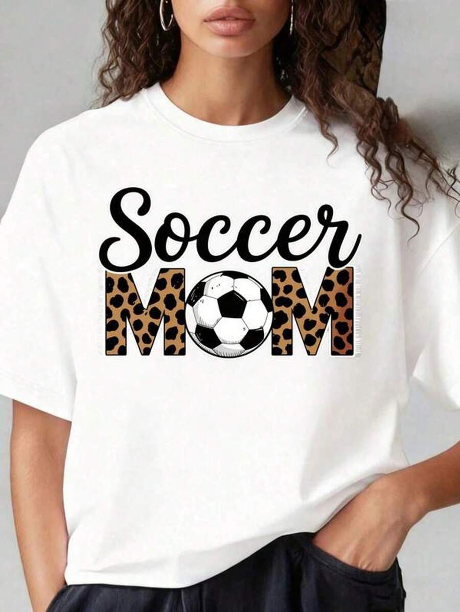 Women's Short Sleeve Crew Neck T-Shirt With Leopard Print Soccer Ball For Soccer Mom S-3XL Fashionable, Comfortable And Breathable, Machine Washable - 白色 - 查看 1