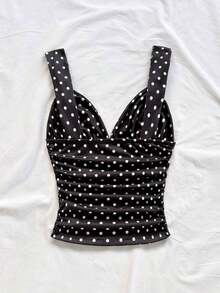 Camiseta de mujer elegante para vacaciones de tela de punto con estampado de lunares, tirantes retorcidos y fruncido, ajuste ceñido, adecuada para vacaciones, citas, té de la tarde, playa, crucero, viaje a la ciudad, vacaciones en la isla, festival de música, vacaciones bohemias, se puede usar por dentro o por fuera.Blusa linda con lunares, top sexy de verano, top de lunares - Multicolor 8 - Ver 2