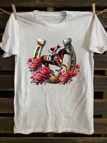Camiseta estampada Racing Day de manga corta y cuello redondo para primavera/verano, ropa casual para mujer - Blanco - Ver 1