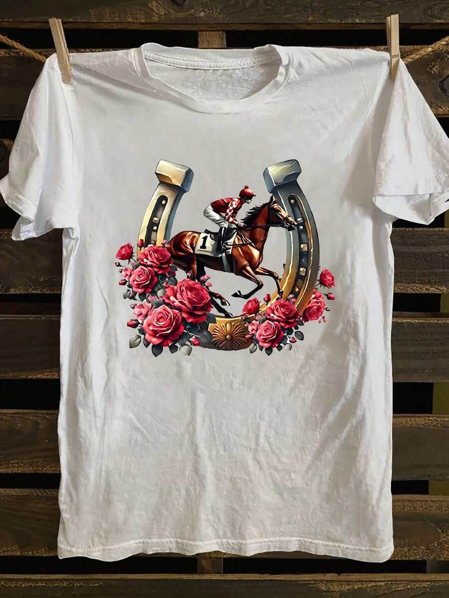 Camiseta estampada Racing Day de manga corta y cuello redondo para primavera/verano, ropa casual para mujer - Blanco - Ver 1