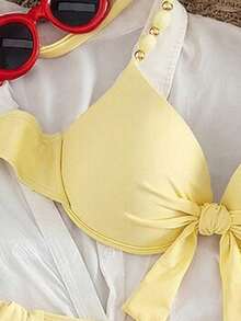 Traje de baño para mujer de verano, conjunto de bikini con estampado de paisley, nudo frontal y sujetador push-up - Amarillo - Ver 4
