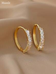1 Pair Minimalist Crystal Decorated Hoop Earrings - Gold - View 2