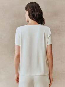 Women's Short-Sleeved Knit Blouse With A Round Neck And Floral Mesh Print, Ideal For Holidays And Casual Spring Wear - 白色 - 查看 7