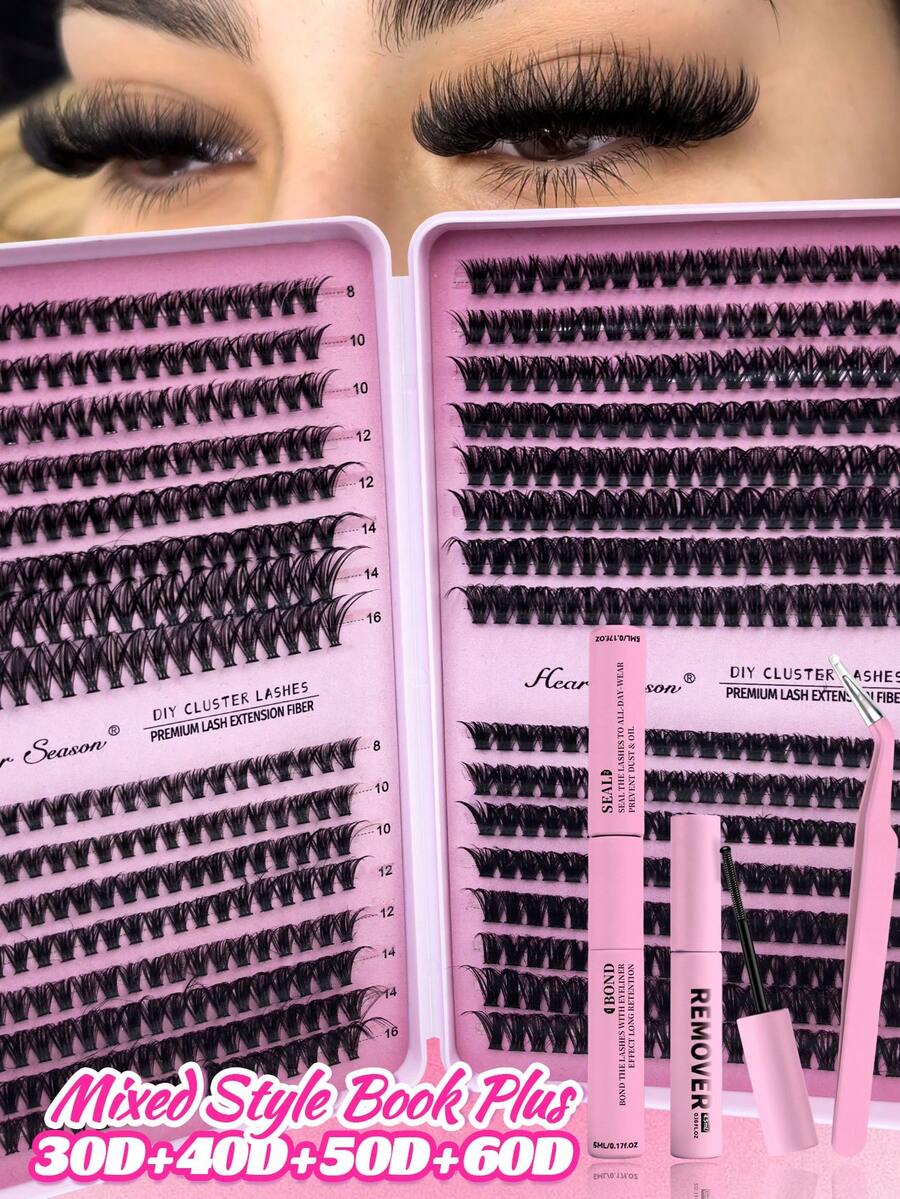 640 Clusters False Eyelashes Set, (30D+40D+50D+60D Mixed Pack), D Curl Eyelash Extension Set, Includes Glue, Sealer, Remover And Eyelash Extension Tools Accessories, Let You Easily Create Professional Eyelash Styles At Home, Essential False Eyelashes Set For Women's Makeup, Create Gorgeous Makeup Look, Suitable For Daily Use, Travel, Beginner, Wedding, Date, Party, Holiday And Other Occasions, Also Great Gift For Christmas/Halloween/Back To School Season. - 粉色 - 查看 1