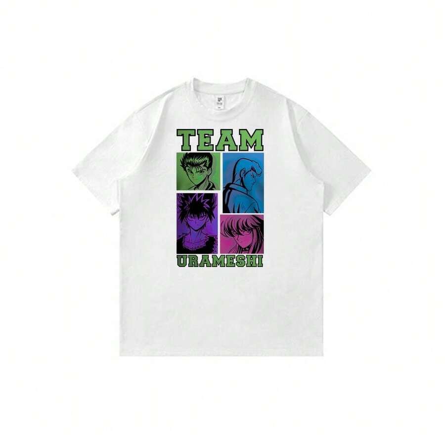 Yu-Yu-Hakusho-Team-Urameshi-Yusuke-Urameshi-Kazuma-Kuwabara-Hiei-Kurama-manga-style-art Y2K Anime Camiseta con estampado de dibujos animados Camisetas de manga corta informales de verano unisex - Blanco - Ver 1