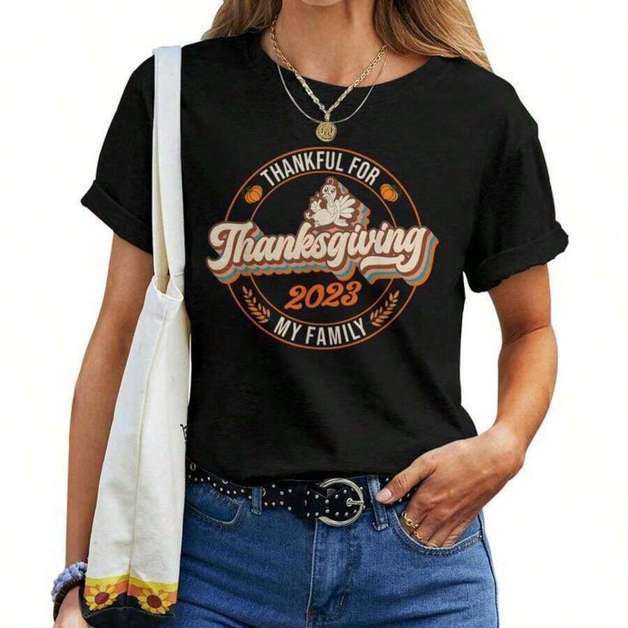 Camiseta para Mujer con Diseño Familiar a Juego para el Día de Acción de Gracias 2023 - Negro - Ver 1