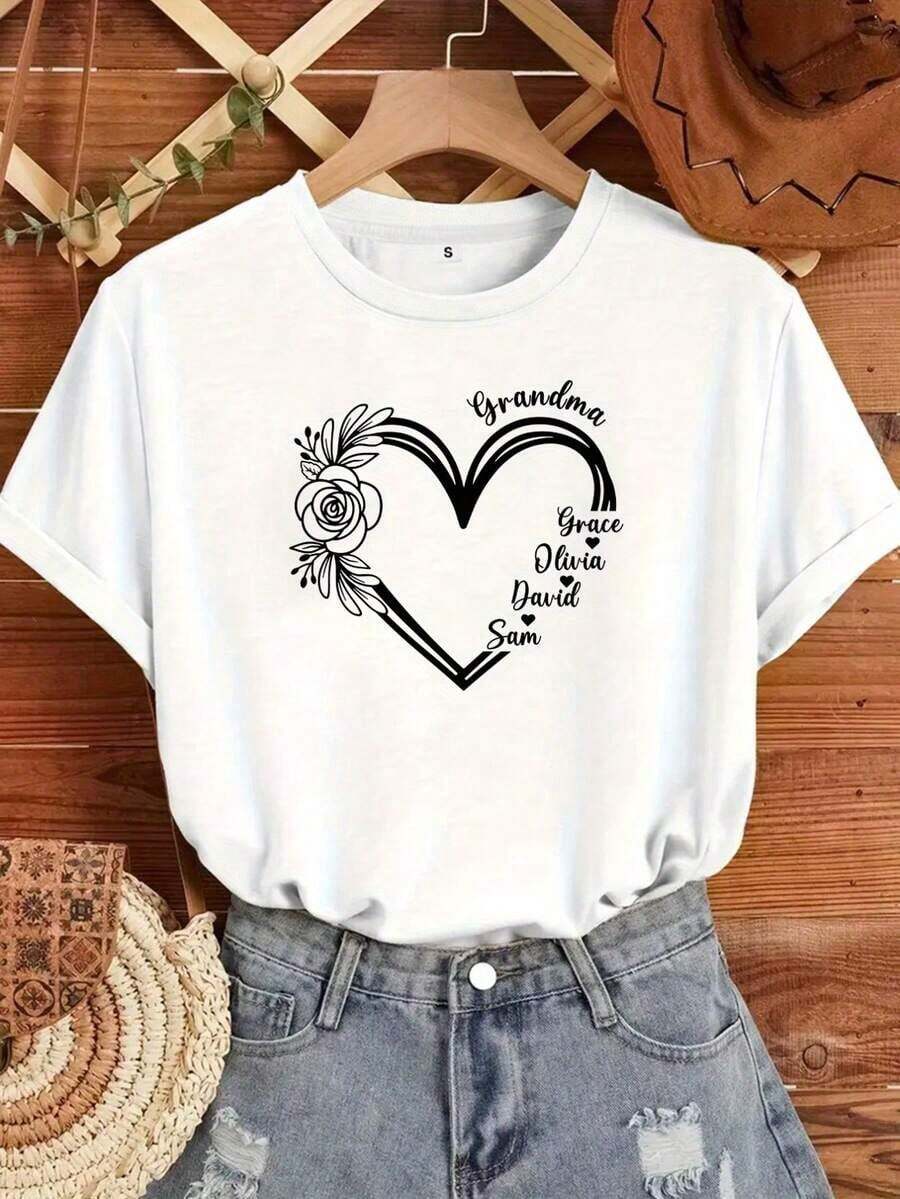 High-Quality Product [Personalized] Personalized Name T-Shirt In The Shape Of A Heart, Personalized Gift For Mother, Custom Name Print T-Shirt, Mother's Day Gift, Gift For Grandmother, Valentine's Day T-Shirt, Heart T-Shirt, Best-Selling Product. - 白色 - 查看 1