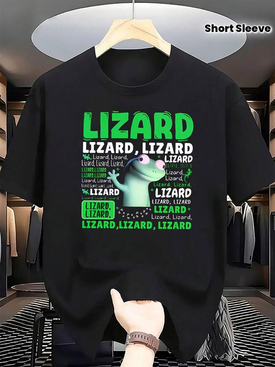 Lizard T-Shirt, Popular Lizard T-Shirt, Lizard T-Shirt, Funny And Quirky Humor, Gift T-Shirt, Men's T-Shirt, Round Neck And Short Sleeve, Casual And Fashionable, Comfortable And Breathable, Men's Clothing T-Shirt - 黑色 - 查看 1