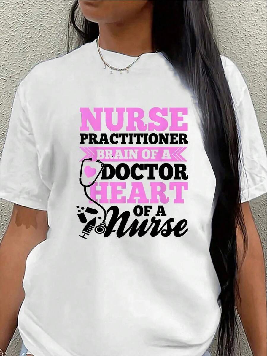 Short-Sleeved Polyester T-Shirt For Nurses And Doctors, Printed With The Slogan "Doctor's Mind, Nurse's Soul," Comfortable And Durable, Suitable For Work Or Casual Wear At Home Or In Clinics. Women's Casual Blouse - 白色 - 查看 1