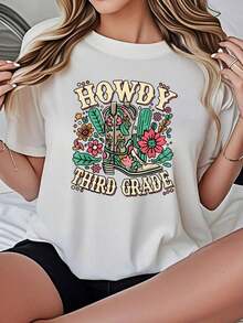 Camiseta de Mujer Casual con Cuello Redondo, Color Negro o Blanco Opcional, Estampado Gráfico de Bota de Vaquero y Floral HOWDY THIRD GRADE, Camisetas para Uso Diario Escolar, Tops de Verano, Camisetas Gráficas, Conjuntos de Verano, Camisetas Cortas para Mujer, Ropa Vintage de Algodón, Ropa Linda para Mujer, Playera Holgada para Mujer - Blanco - Ver 7