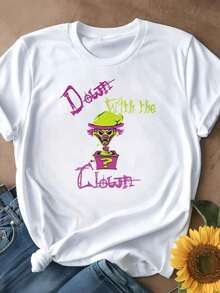 Women's Casual Loose Fit T-Shirt, Available In Black And White, Graphic Print T-Shirt, Summer Everyday Wear T-Shirts, Summer Tops, Graphic Tees, Women's Summer Sets, Women's Crop Tops, Casual Blouses For Ladies - 白色 - 查看 2