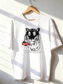 Black And White Tiger Head T-Shirt With "BONUS" Text.  Short-Sleeved T-Shirt For Spring And Summer 2026, Made In Mexico, 180 Grams. Cartoon Print, Couple Design, Suitable For Indoor Or Outdoor Wear. Crew Neck, Unisex, Ideal For Office And Leisure. One-Pack. - WH-P631577SLNDXZGY647 - 查看 1