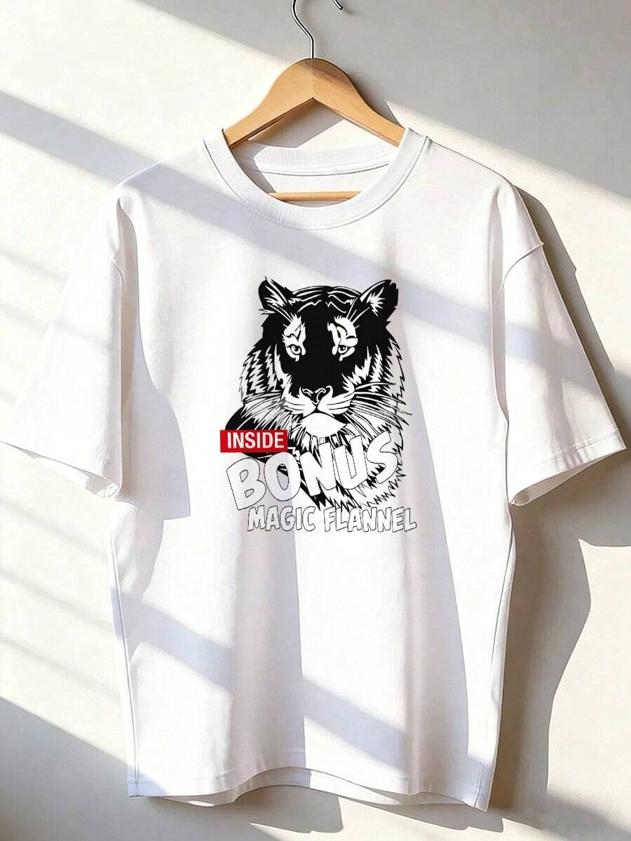 Black And White Tiger Head T-Shirt With "BONUS" Text. Short-Sleeved T-Shirt For Spring And Summer 2026, Made In Mexico, 180 Grams. Cartoon Print, Couple Design, Suitable For Indoor Or Outdoor Wear. Crew Neck, Unisex, Ideal For Office And Leisure. One-Pack. - WH-P631577SLNDXZGY647 - 查看 1