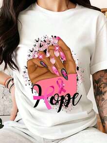 Women's Printed T-Shirt, Casual Style, With A Pink Ribbon And Hand Design For Breast Cancer Awareness, Ideal For Spring And Summer, Perfect Gift For Women And Girls. Summer T-Shirt. - White - View 7