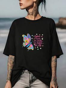 Camiseta con estampado de mariposas Christ Sister, adecuada para reuniones familiares y vestimenta de grupos religiosos, camiseta de gran tamaño de 200g, regalo para eventos del ministerio femenino, camisa casual de verano cómoda y transpirable, estilo básico universal. - Negro - Ver 7